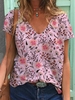 V Neck Short Sleeve Floral-Print T-Shirts - Noracora