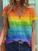 V Neck Short Sleeve Printed Cotton-Blend T-Shirts - Noracora