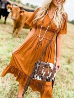 V Neck Short Sleeve Solid Cotton-Blend Causal Dresses - Noracora