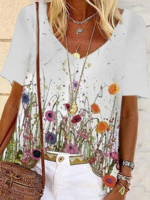 V Neck Simple Cotton-Blend T-Shirts - Noracora