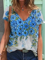 Vacation V Neck Floral T-Shirts