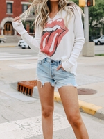 White Abstract Printed V Neck Long Sleeve Causal Tops - Noracora