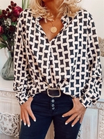 White-Black V Neck Long Sleeve Checkered/plaid Causal Tops