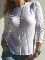 White Casual Cotton-Blend Solid Crew Neck Causal Tops - Noracora
