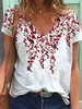 White Casual Floral V Neck T-Shirts - Noracora