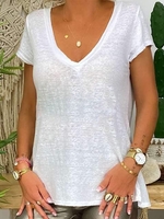 White Casual V-Neck Cotton-Blend T-Shirts - Noracora