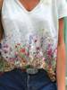 White Casual V Neck Floral Cotton T-Shirts - Noracora