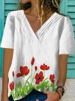 White Casual V Neck Linen T-Shirts - Noracora