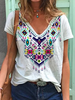 White Casual V Neck Printed Geometric T-Shirts - Noracora