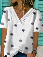 White Cotton-Blend Casual Floral T-Shirts - Noracora