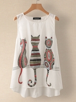 White Cotton-Blend Floral-Print Casual Tanks & Camis - Noracora