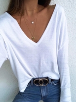 White Cotton-Blend V Neck Casual T-Shirts