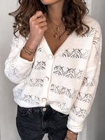 White Cotton Long Sleeve V Neck Cardigans - Noracora