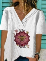 White Cotton Printed V Neck Short Sleeve T-Shirts - Noracora