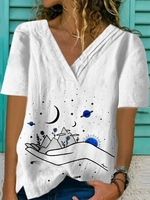 White Cotton Short Sleeve V Neck T-Shirts - Noracora