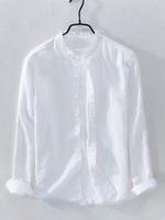 White Cotton Stand Collar Casual Men-Shirts - Noracora