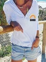 White Cotton V-Neck Long Sleeve Letter Causal Tops - Noracora