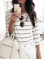 White Crew Neck Long Sleeve Striped T-Shirts