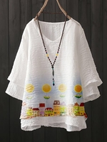 White Floral Casual Cotton-Blend Crew Neck Causal Tops - Noracora