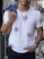 White Floral Crew Neck Cotton-Blend Casual T-Shirts - Noracora