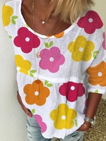 White Floral-Print 3/4 Sleeve Causal Tops - Noracora