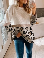 White Leopard Crew Neck Casual Paneled Sweaters - Noracora