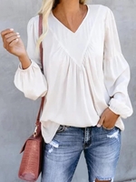White Long Sleeve Plain Cotton-Blend Blouses&shirts