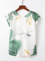 White Plants Printed Round Neck Casual T-Shirts - Noracora