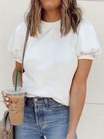 White Round Neck Balloon Sleeve T-Shirts - Noracora