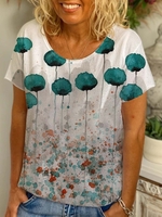 White Round Neck Printed Short Sleeve T-Shirts - Noracora