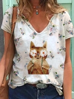 White Short Sleeve Animal Cotton-Blend V Neck T-Shirts - Noracora