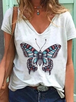 White Short Sleeve Cotton-Blend V Neck T-Shirts - Noracora