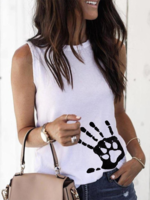 White Sleeveless Crew Neck Printed T-Shirts - Noracora