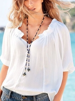 White Solid V Neck Half Sleeve Tops