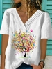 White V Neck Casual Floral-Print T-Shirts - Noracora