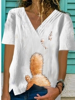 White V Neck Casual Printed T-Shirts - Noracora