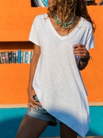 White V Neck Casual Solid T-Shirts - Noracora
