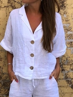 White V Neck Cotton-Blend Half Sleeve Causal Tops