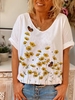 White V Neck Floral-Print Cotton Casual T-Shirts - Noracora