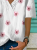 White V Neck Floral Short Sleeve Cotton-Blend T-Shirts - Noracora