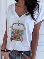 White V Neck Printed Statement Cotton-Blend Blouse & Shirts