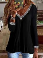 Women Basics Spring/Fall Solid V neck Split Joint Long Sleeve Cotton-Blend Regular A-Line T-shirts