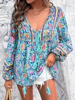 Women Boho Ethnic Spring/Fall Polyester V neck Vacation Regular H-Line Regular Shirts