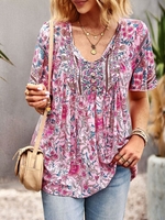 Women Boho Ethnic Summer Polyester No Elasticity Daily Short Sleeve Regular Regular Shirts
