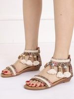 Women Boho Ethnic Summer Tassel Daily Flat Heel Round Toe PU Pu Slide Sandals
