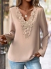 Women Boho Plain Spring/Fall Polyester Split Joint Micro-Elasticity Mid-long H-Line Lace Collar Shirts
