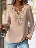 Women Boho Plain Spring/Fall Polyester Split Joint Micro-Elasticity Mid-long H-Line Lace Collar Shirts