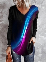Women Casual Abstract Autumn Lightweight Daily Jersey Mid-long H-Line Regular Size Tunic T-shirt