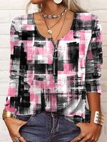 Women Casual Abstract Spring Zipper Micro-Elasticity Daily Best Sell Notched Regular T-shirt