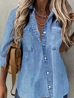 Women Casual Abstract Spring/Fall Denim No Elasticity Holiday Long Sleeve H-Line Regular Blouses